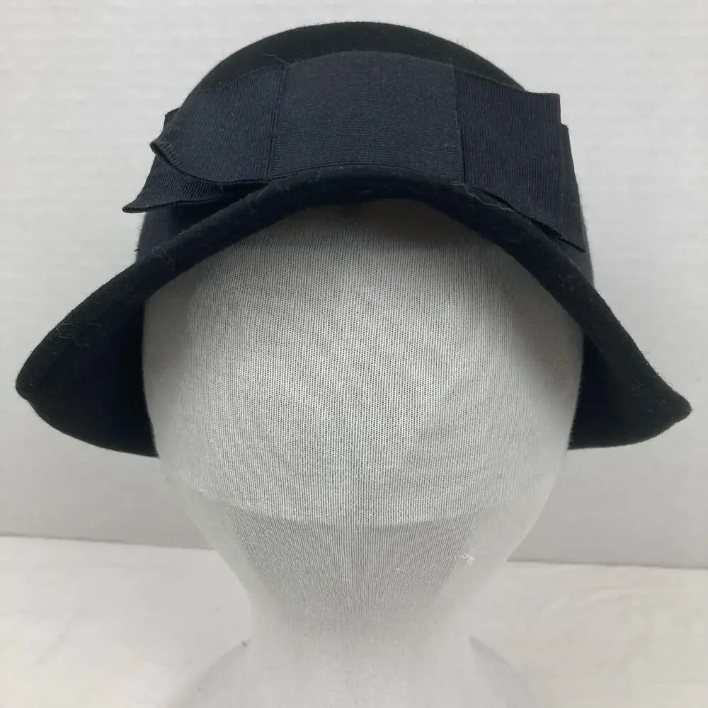 Cloche Felt Wool Hat Women OS Black Bucket Ribbon Bow 1920s Style Bell Romantic